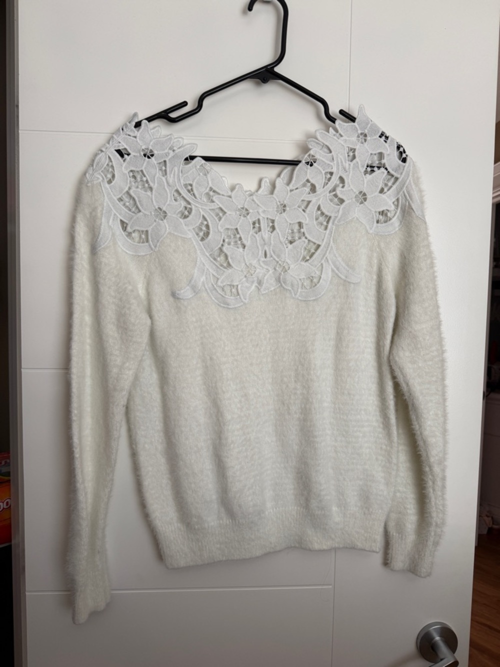 Sweet Love White Lace-Yoke Fuzzy Crewneck Sweater